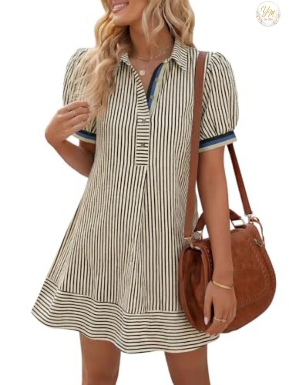Womens Striped Short Sleeve Button Shirt Mini Dress Loose Fit